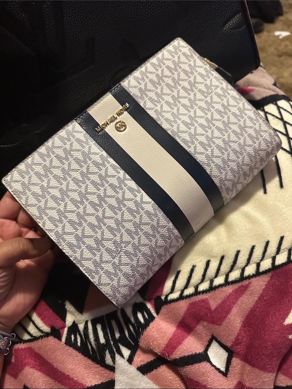 Michael Kors White & Navy MK Signature Stripe Zip Clutch